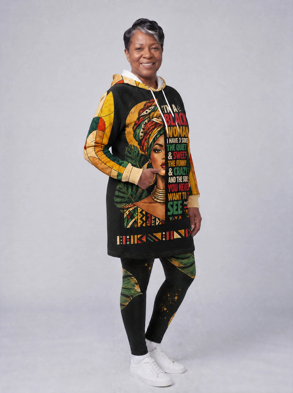 "Tatu" Hoodie Dress — three-quarter view on model, styled with the matching leggings