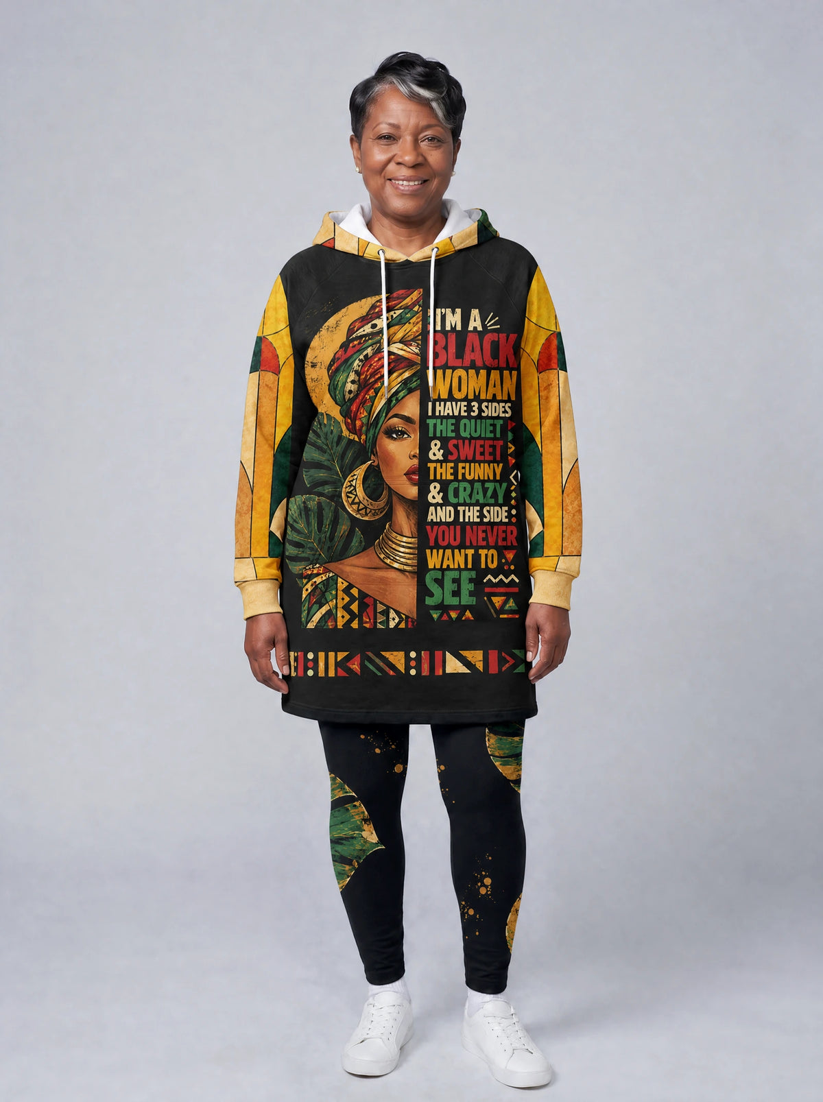 "Tatu" Leggings — full length on model, styled with the matching hoodie dress