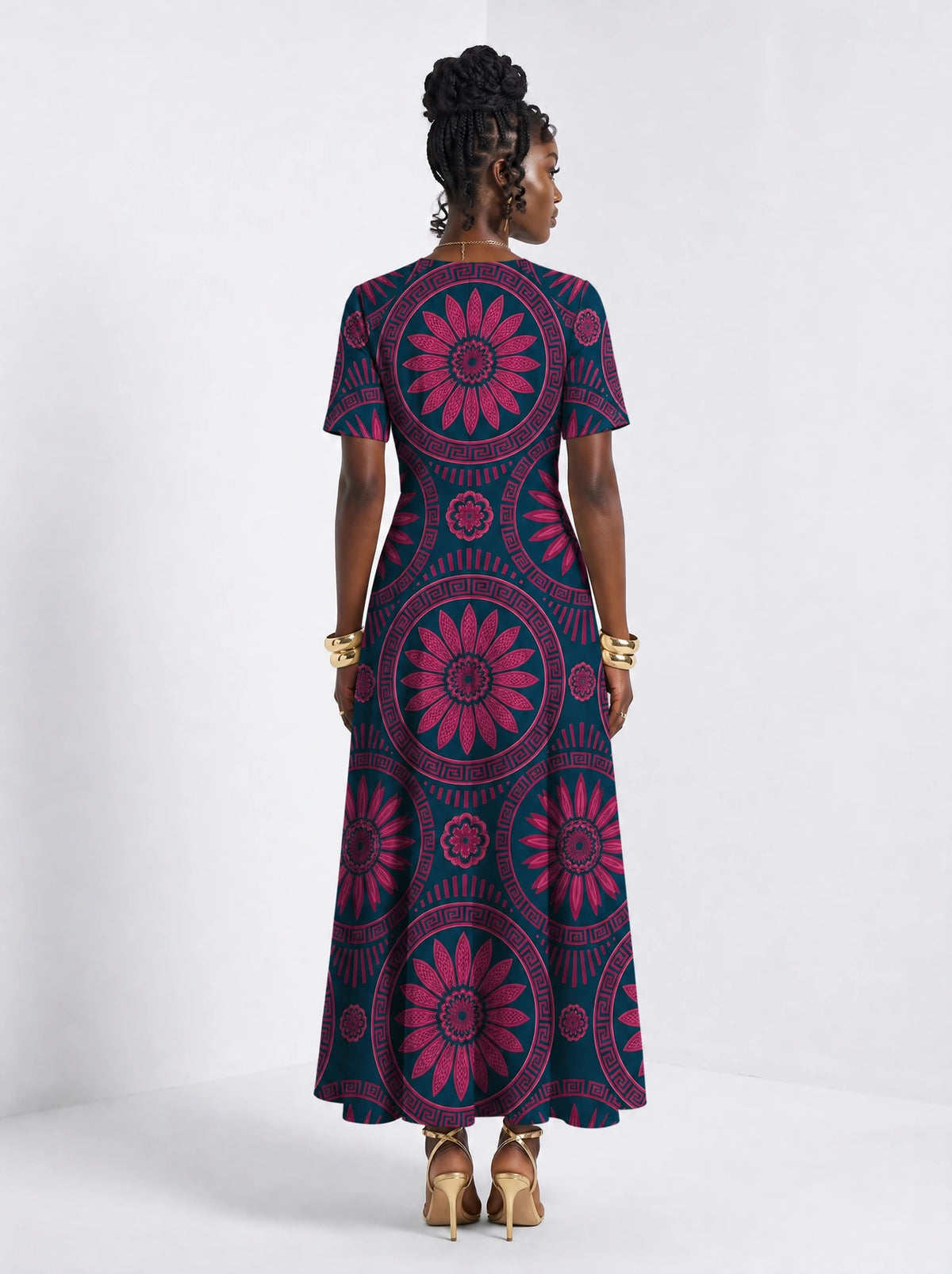 "Tausi" Short Sleeve Maxi Dress — back view on model