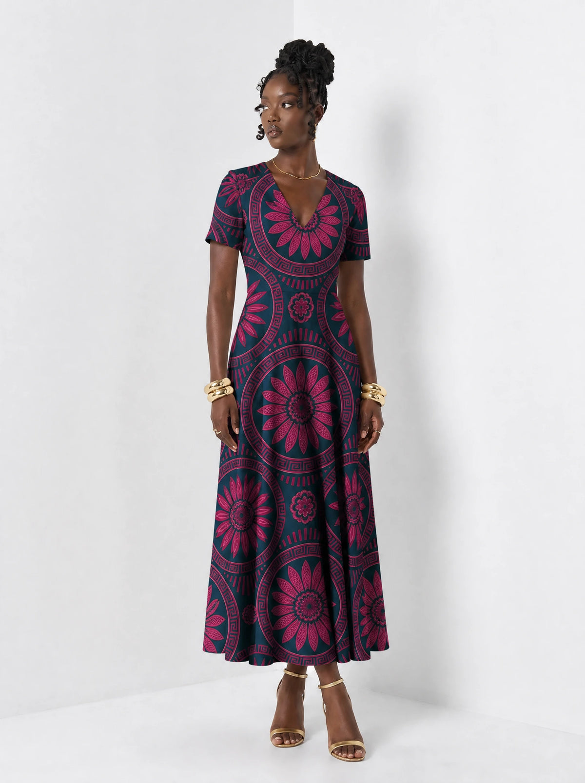 "Tausi" Short Sleeve Maxi Dress — front view on model