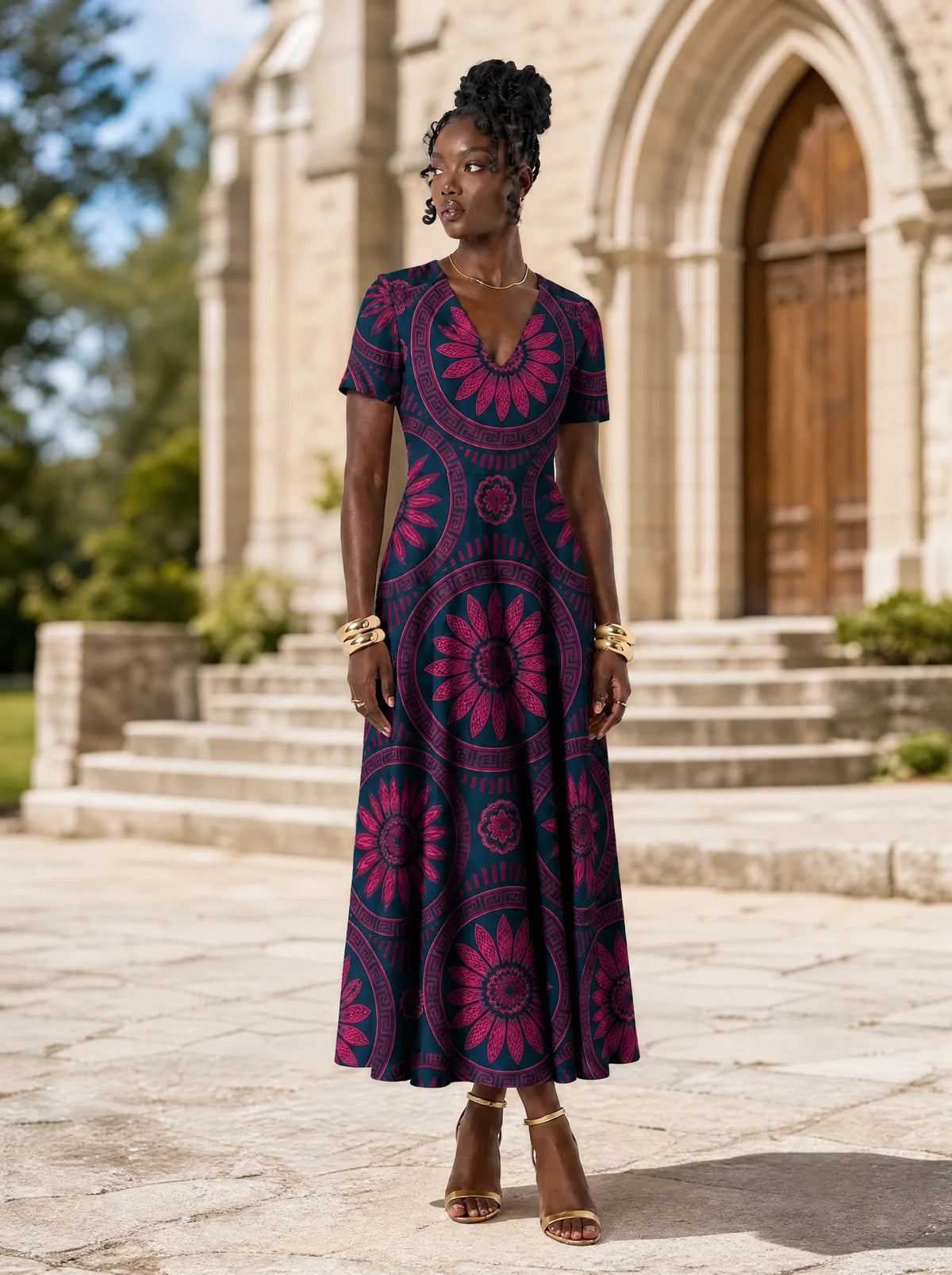 "Tausi" Short Sleeve Maxi Dress — front view on model in the churchyard