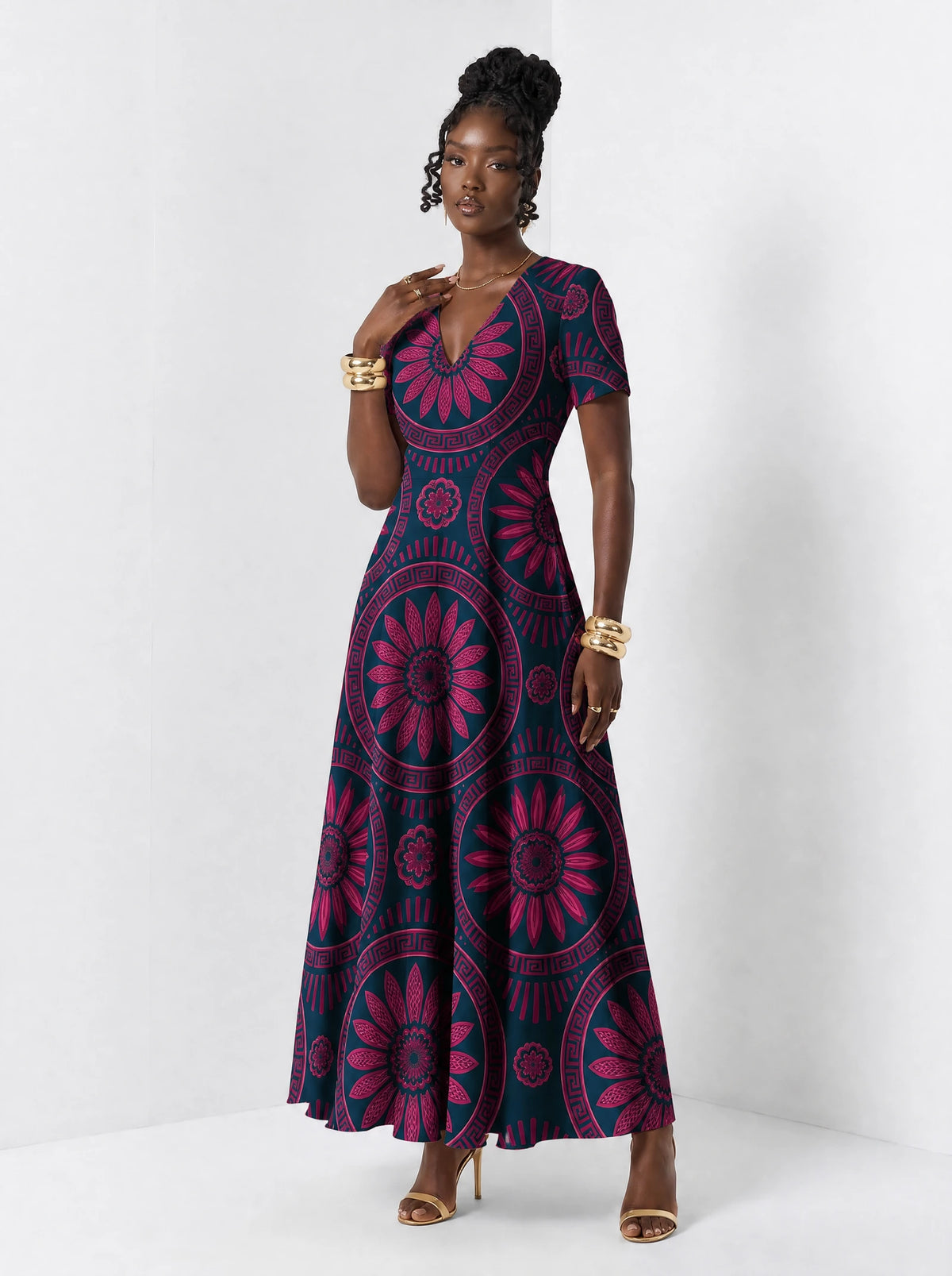 "Tausi" Short Sleeve Maxi Dress — three-quarter view on model