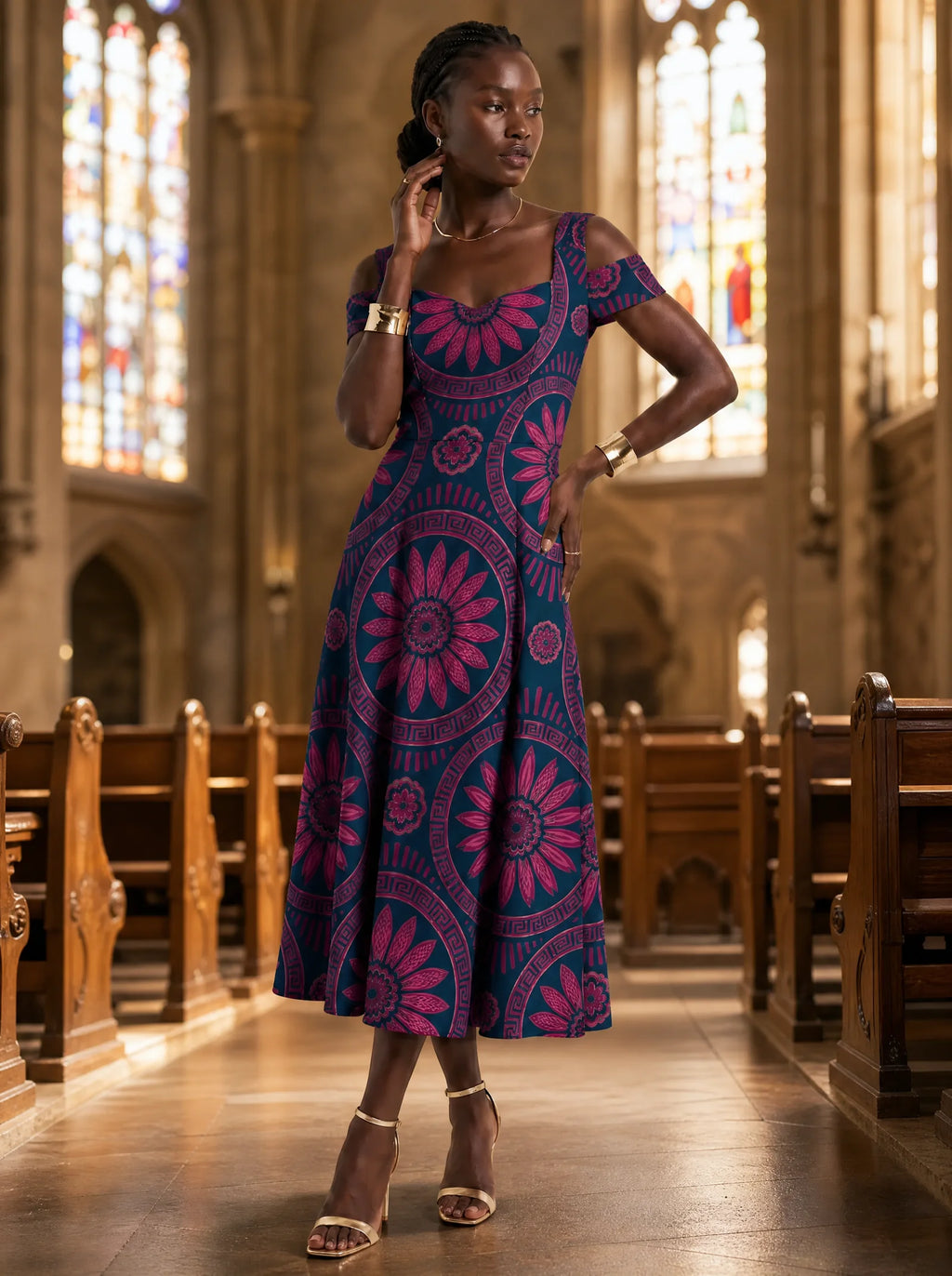 "Tausi" Sweetheart Midi Dress — on model inside a church