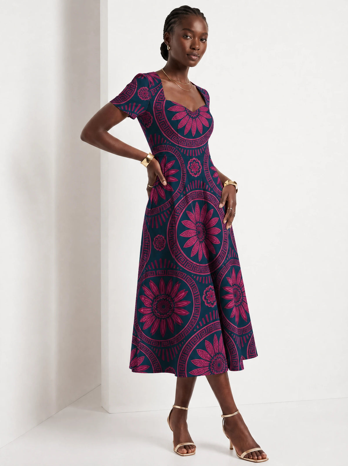 "Tausi" Sweetheart Midi Dress — walking, three-quarter view on model