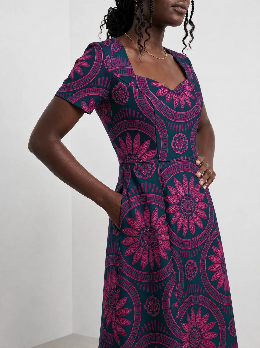 "Tausi" Sweetheart Midi Dress — standing, angled view on model
