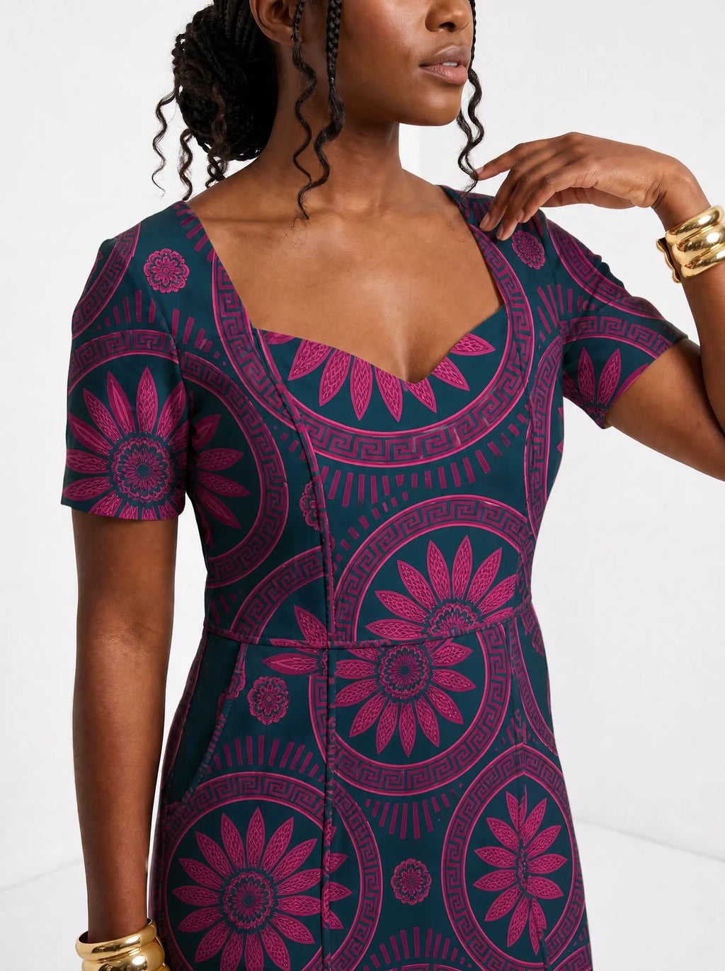 "Tausi" Sweetheart Midi Dress — three-quarter view on model