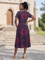 "Tausi" Sweetheart Midi Dress — back view on model in the churchyard
