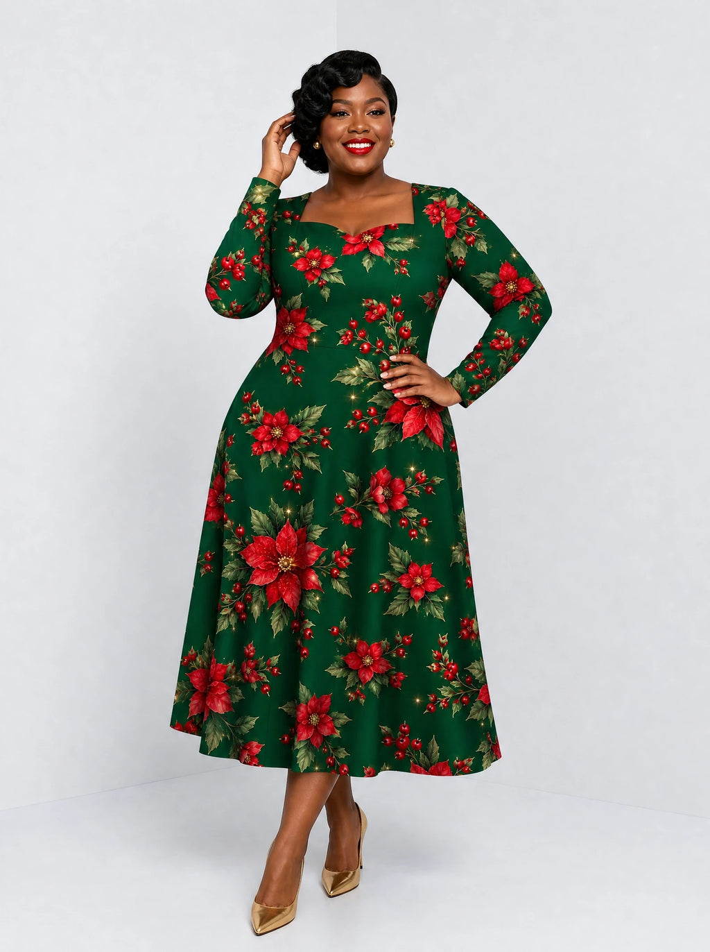 "Tawi" Long Sleeve Sweetheart Midi Dress — front view on model