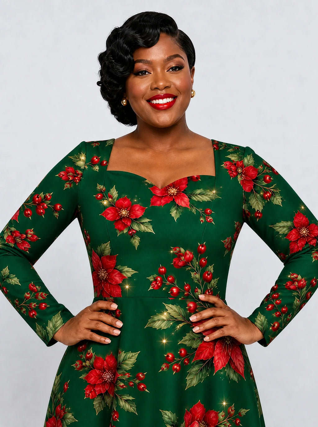 "Tawi" Long Sleeve Sweetheart Midi Dress — print close-up on model
