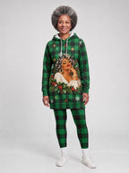 "Theluji" Christmas Hoodie Dress — front view on model, styled with the matching leggings