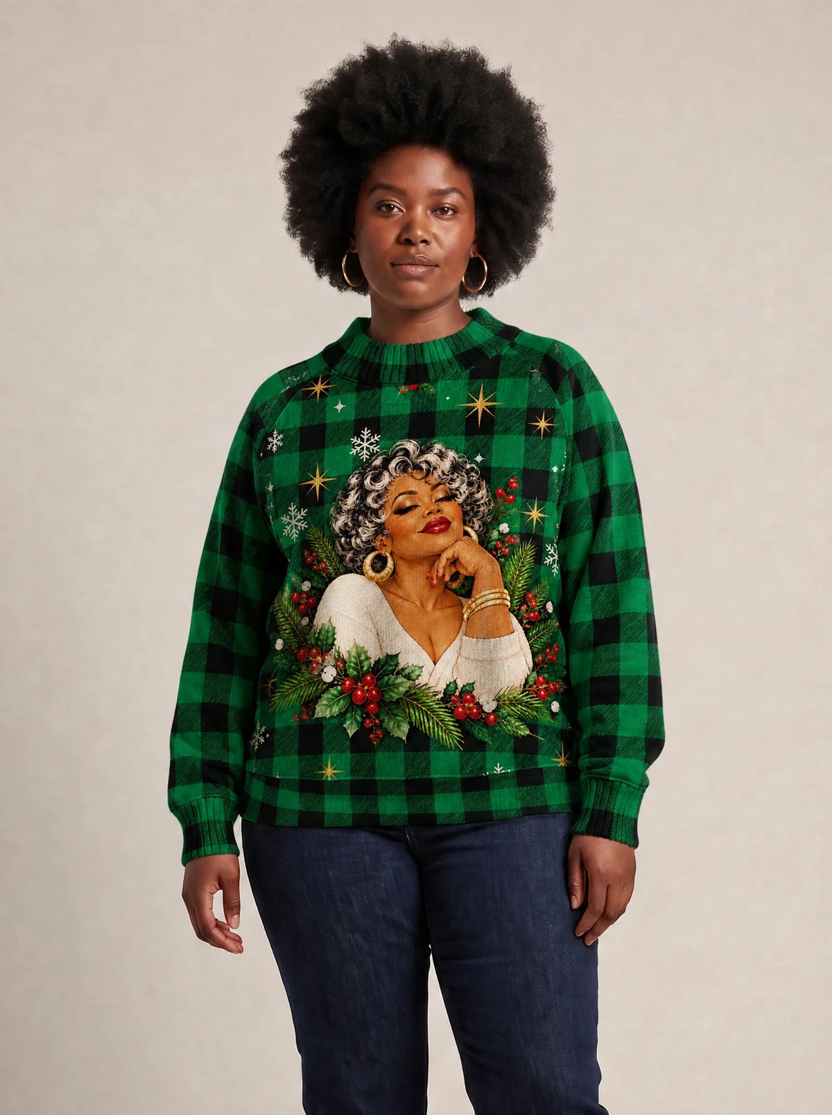 "Theluji" Christmas Sweatshirt — front view on model