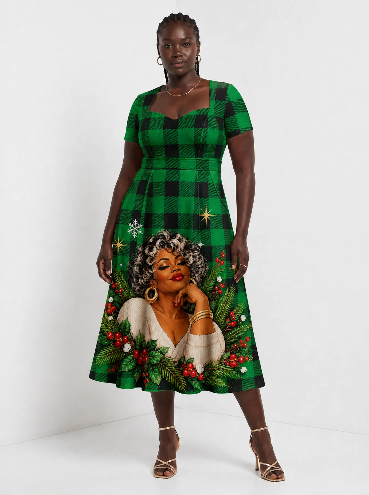 "Theluji" Christmas Sweetheart Midi Dress — front view on model