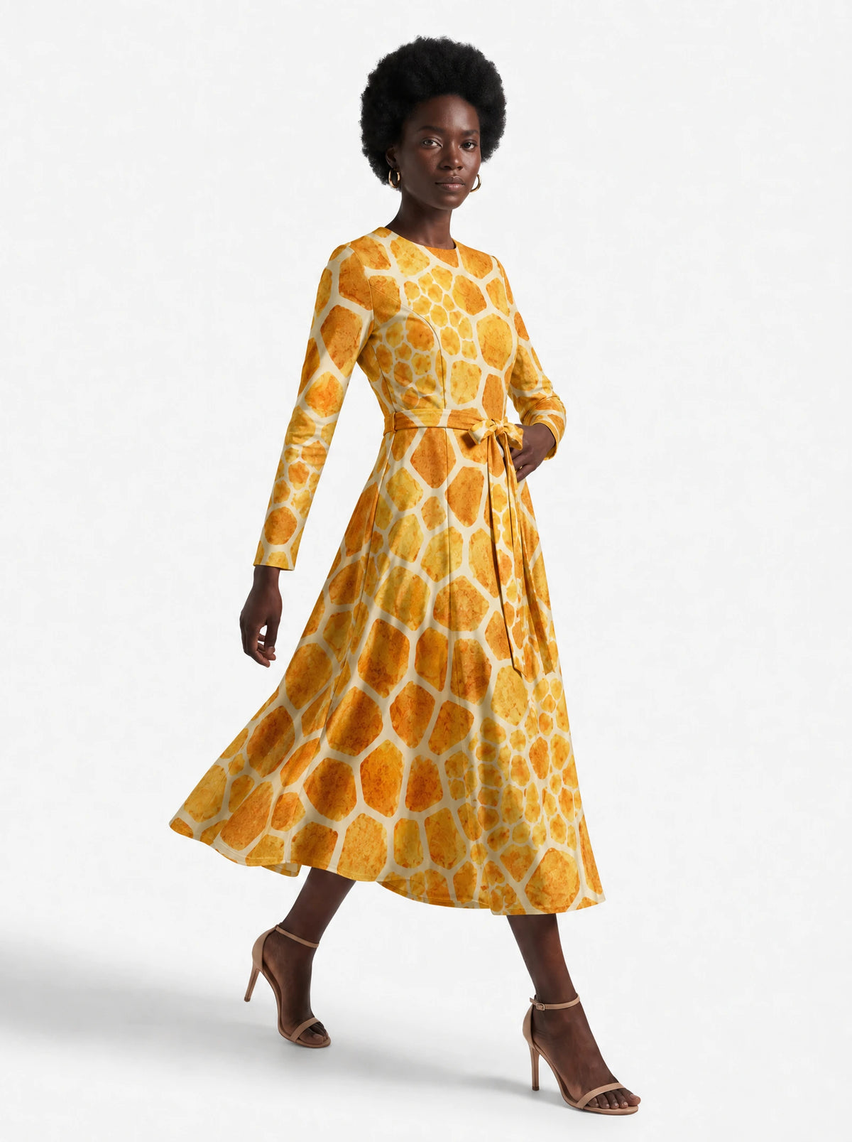 "Twiga" Long Sleeve Midaxi Dress — three-quarter view on model, hand in the side pocket