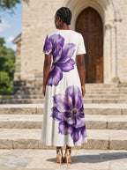 "Ua" Short Sleeve Maxi Dress — back view on model in the churchyard