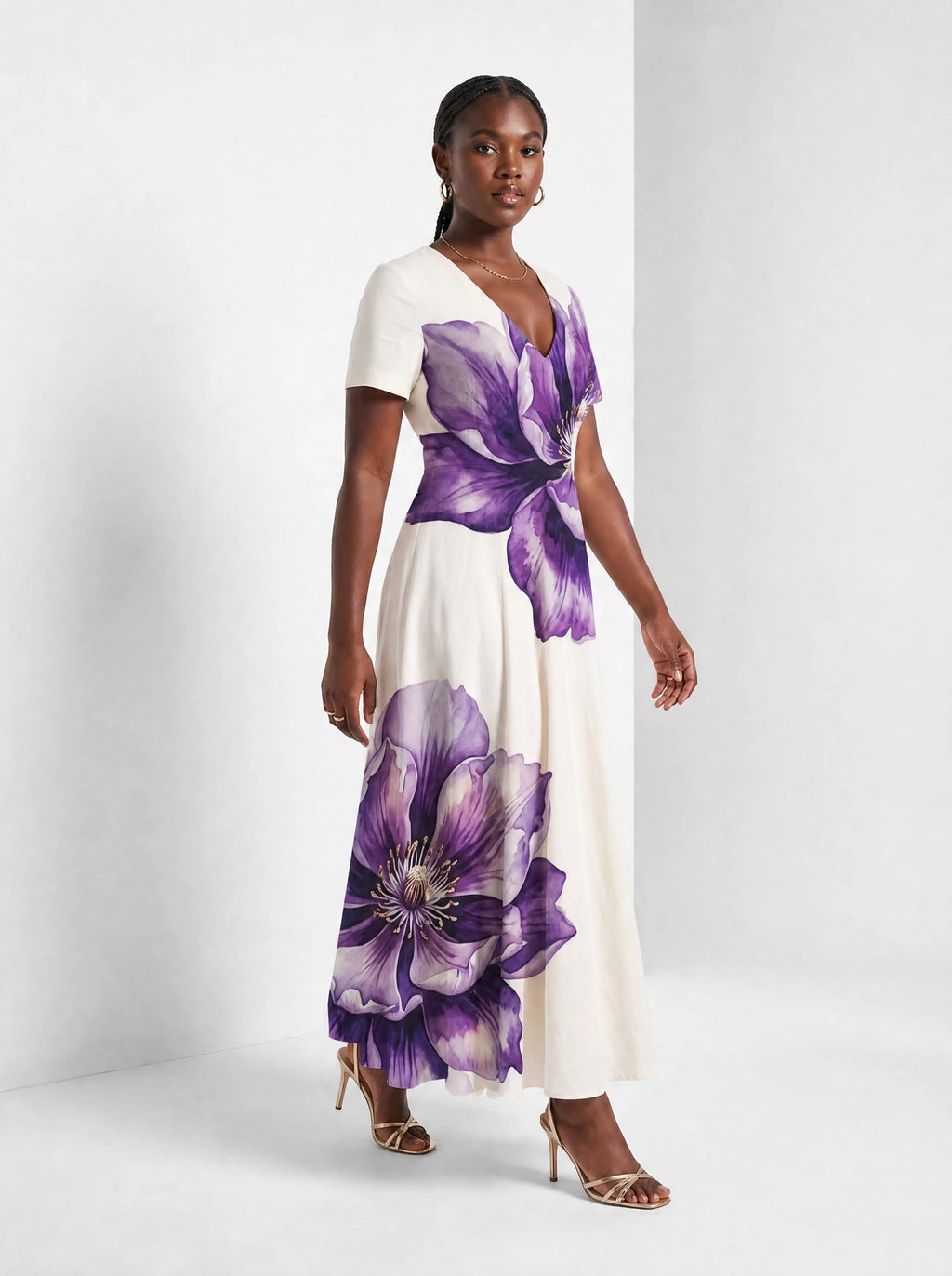 "Ua" Short Sleeve Maxi Dress — walking, three-quarter view on model
