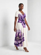 "Ua" Short Sleeve Maxi Dress — walking, three-quarter view on model