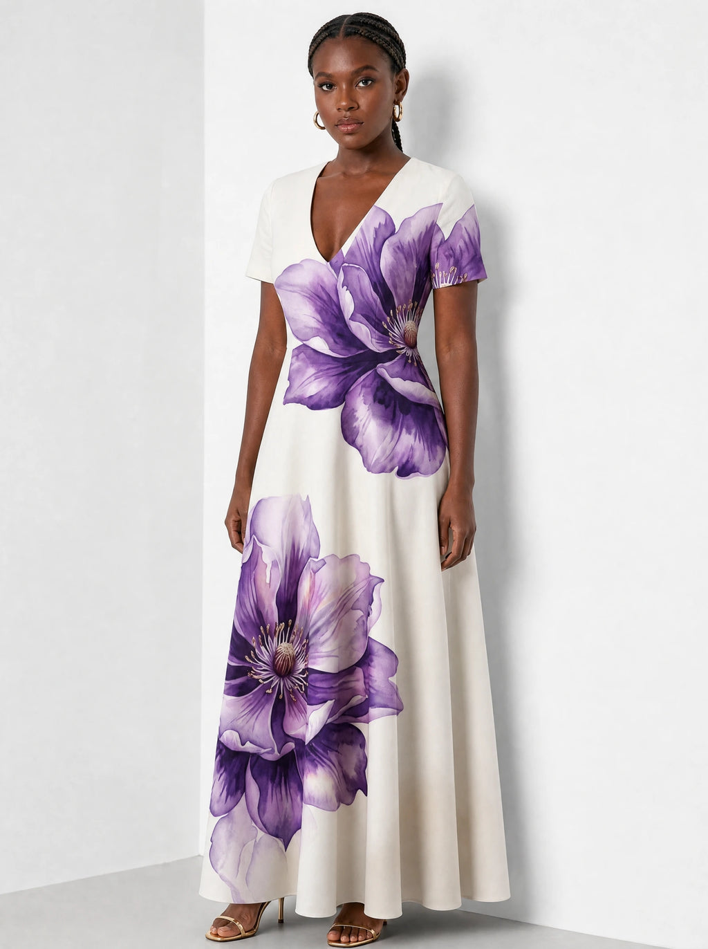 "Ua" Short Sleeve Maxi Dress — three-quarter view on model