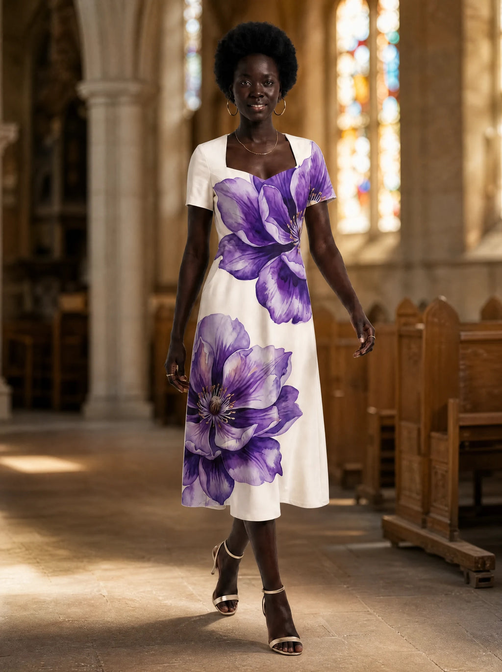 "Ua" Sweetheart Midi Dress — on model inside a church