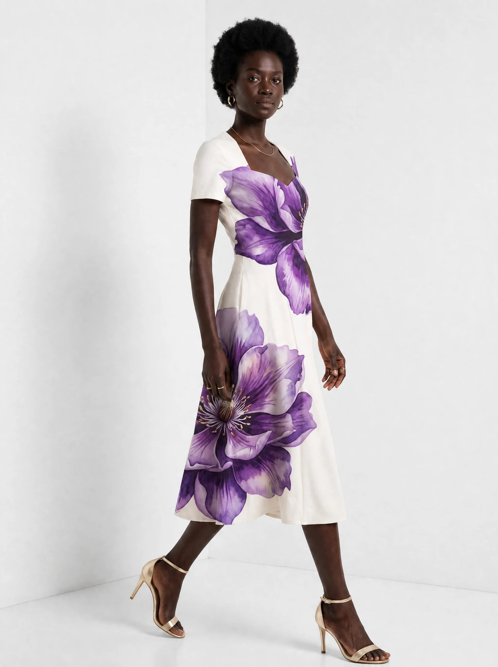 "Ua" Sweetheart Midi Dress — walking, three-quarter view on model