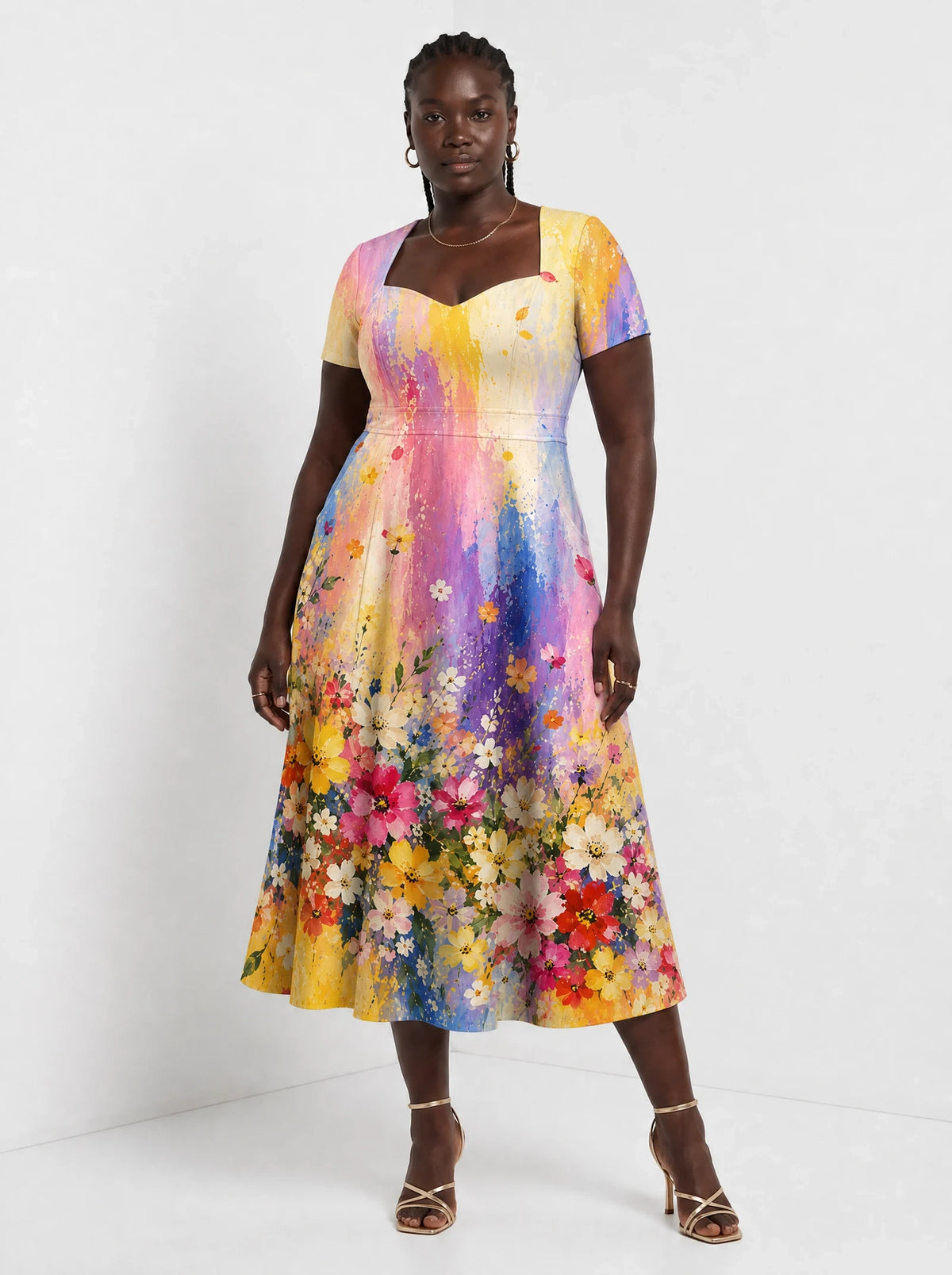 "Uchoraji" Sweetheart Midi Dress — front view on model