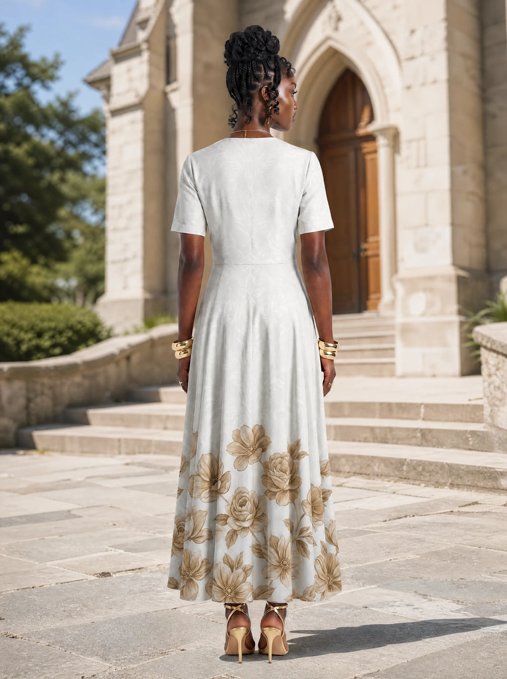 "Ukungu" Short Sleeve Maxi Dress — back view on model in the churchyard