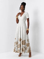 "Ukungu" Short Sleeve Maxi Dress — walking, three-quarter view on model