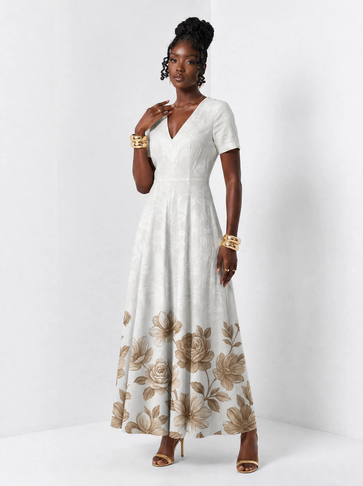 "Ukungu" Short Sleeve Maxi Dress — walking, three-quarter view on model