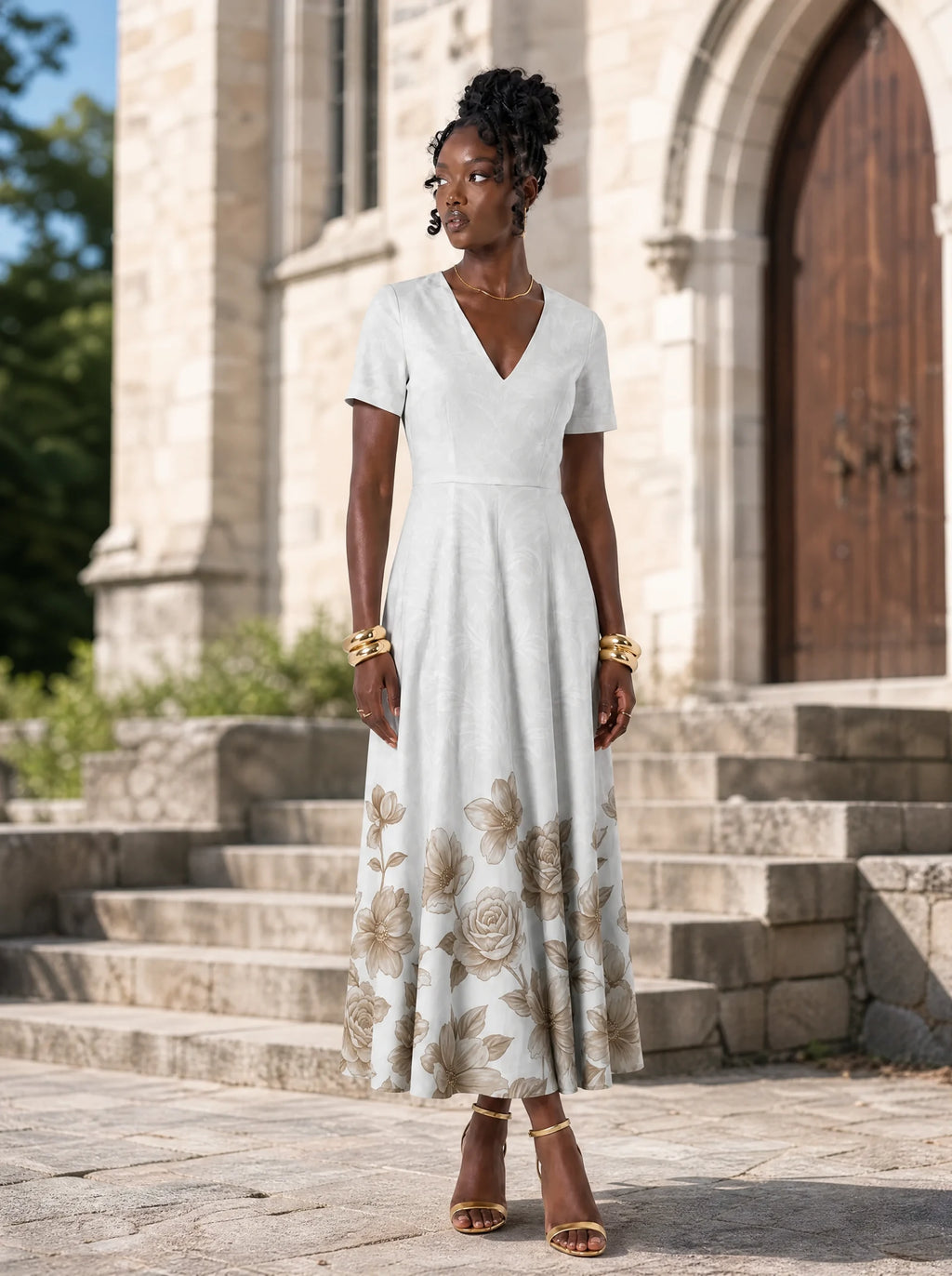 "Ukungu" Short Sleeve Maxi Dress — front view on model in the churchyard