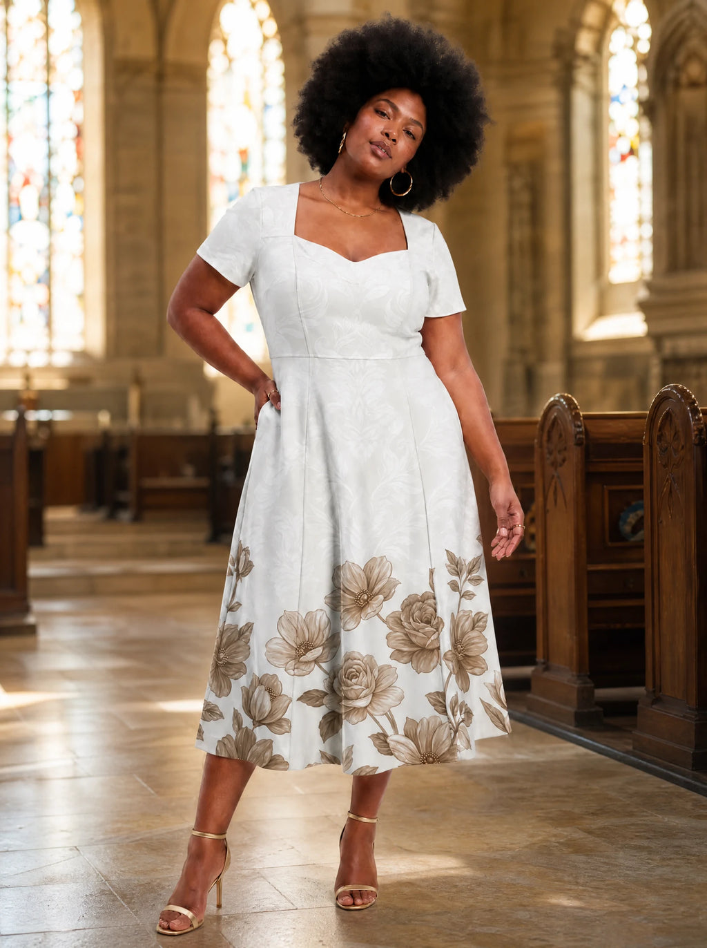 "Ukungu" Sweetheart Midi Dress — on model inside a church