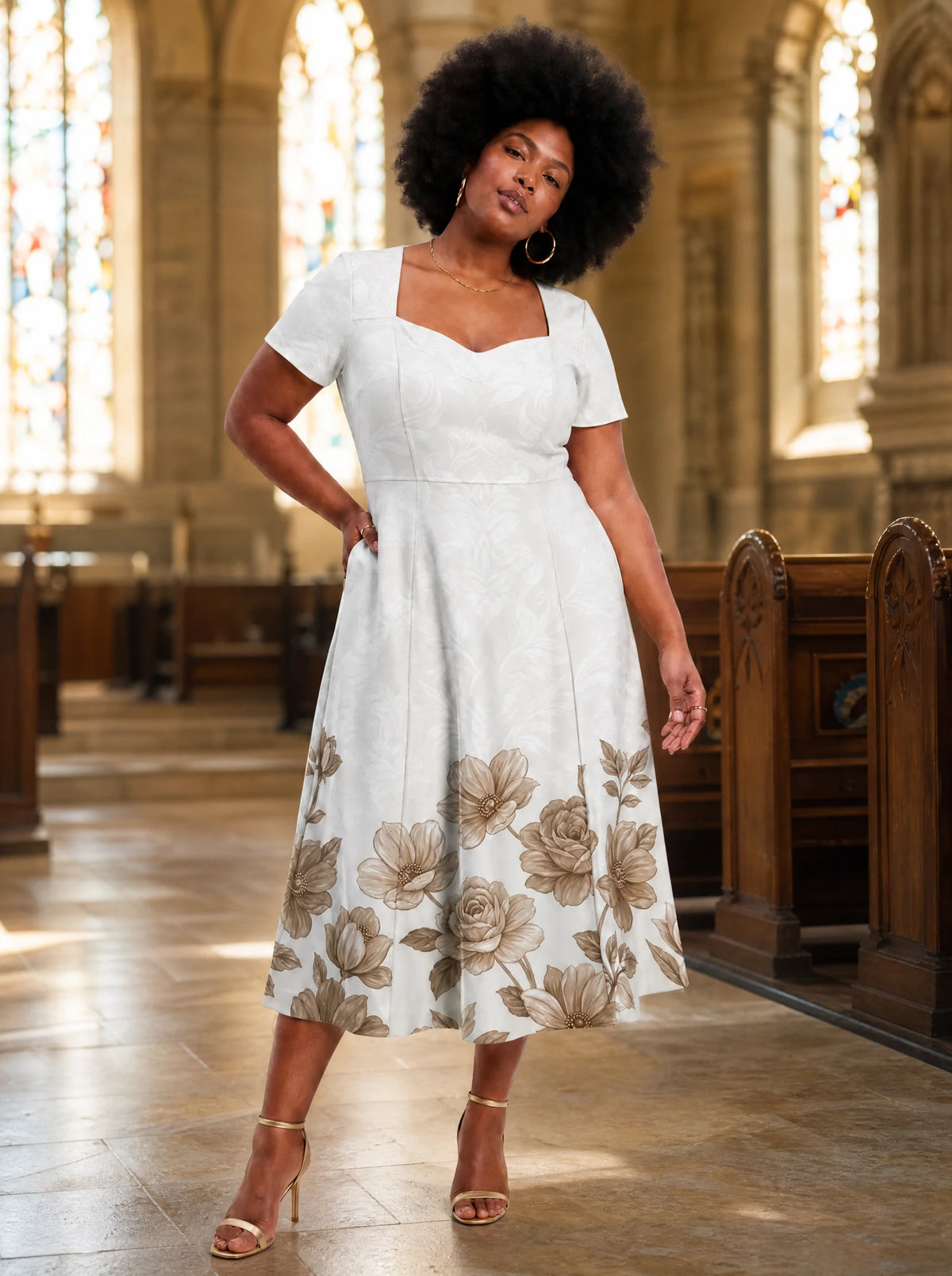 "Ukungu" Sweetheart Midi Dress — on model inside a church