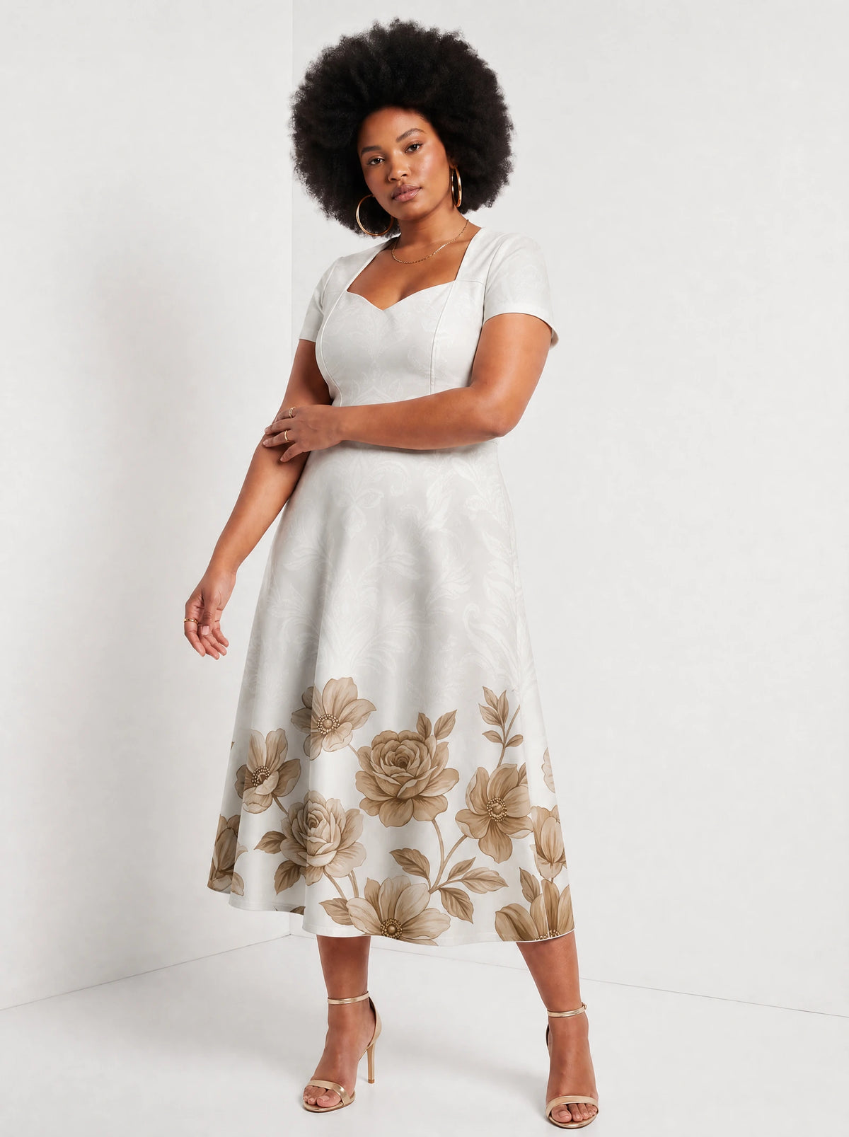 "Ukungu" Sweetheart Midi Dress — walking, three-quarter view on model