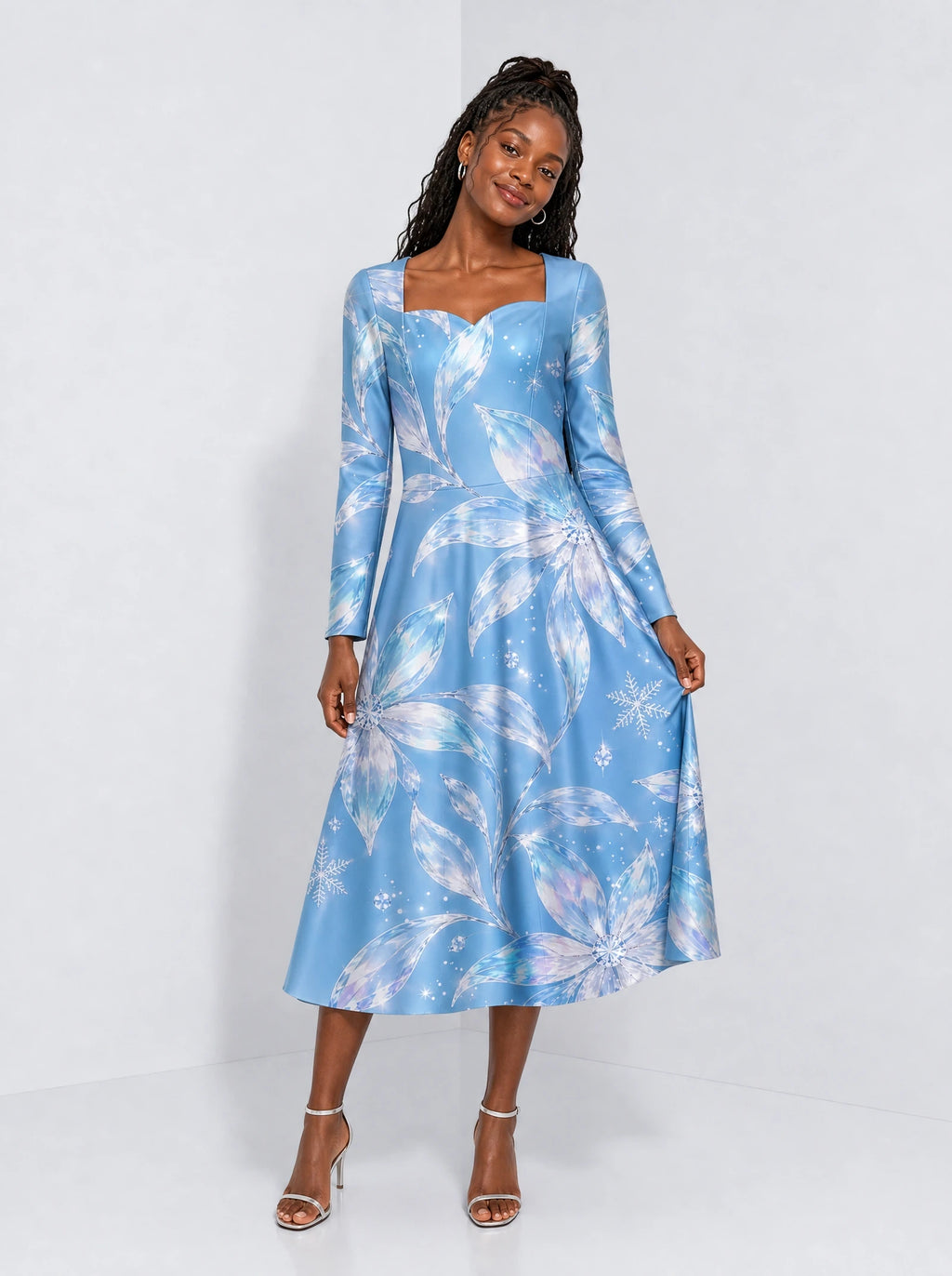 "Umande" Long Sleeve Sweetheart Midi Dress — front view on model