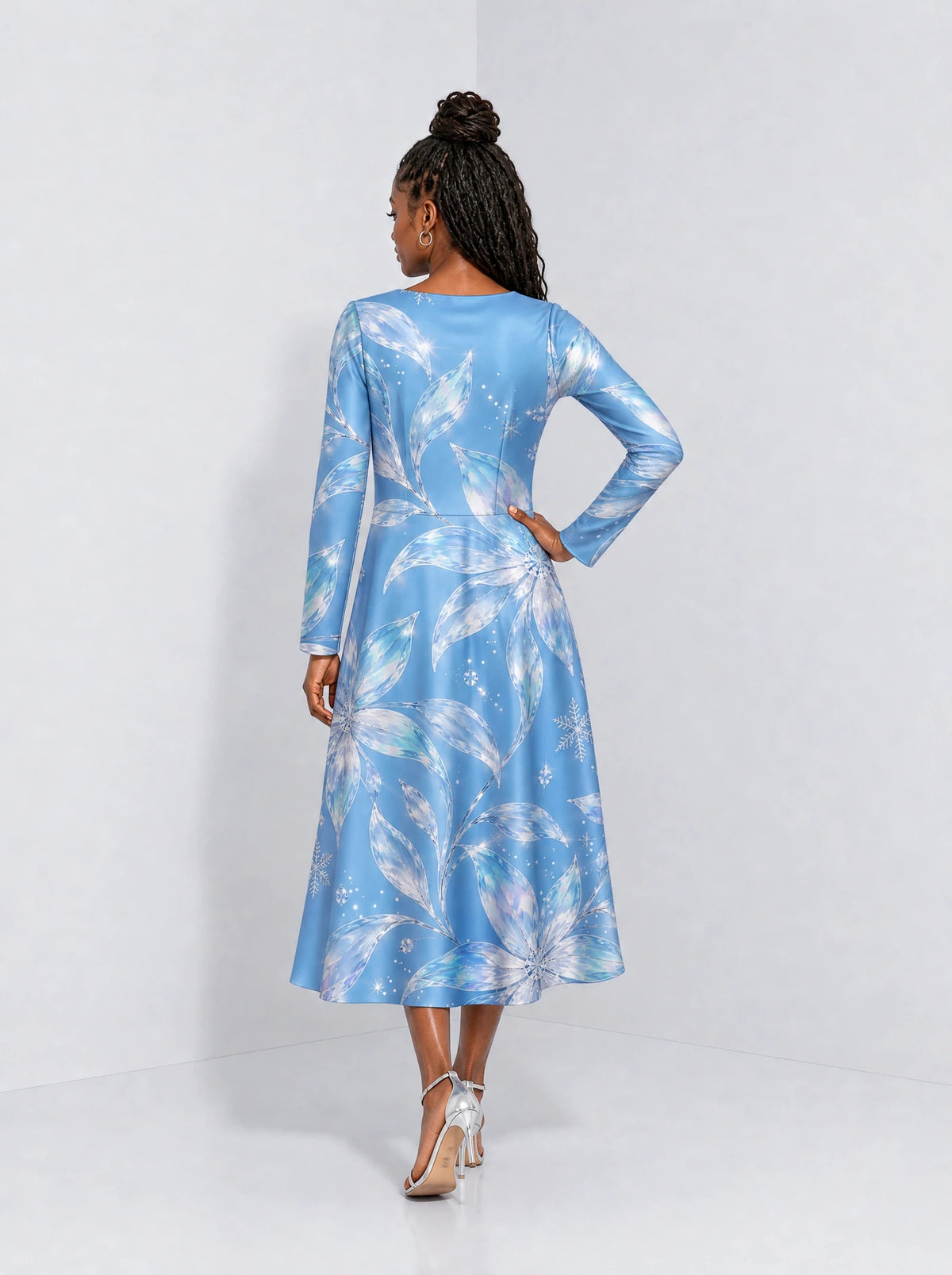 "Umande" Long Sleeve Sweetheart Midi Dress — back view on model