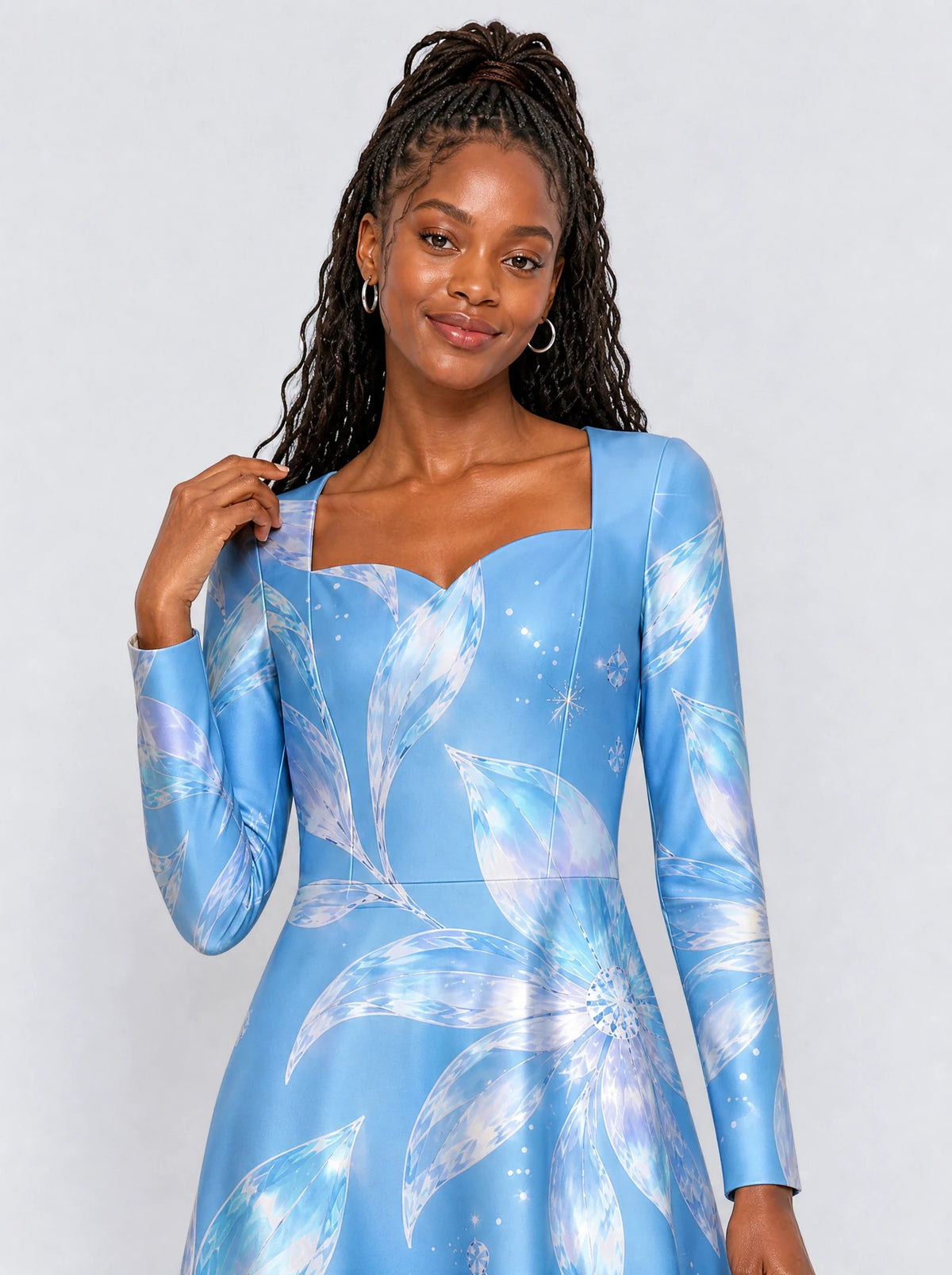 "Umande" Long Sleeve Sweetheart Midi Dress — print close-up on model