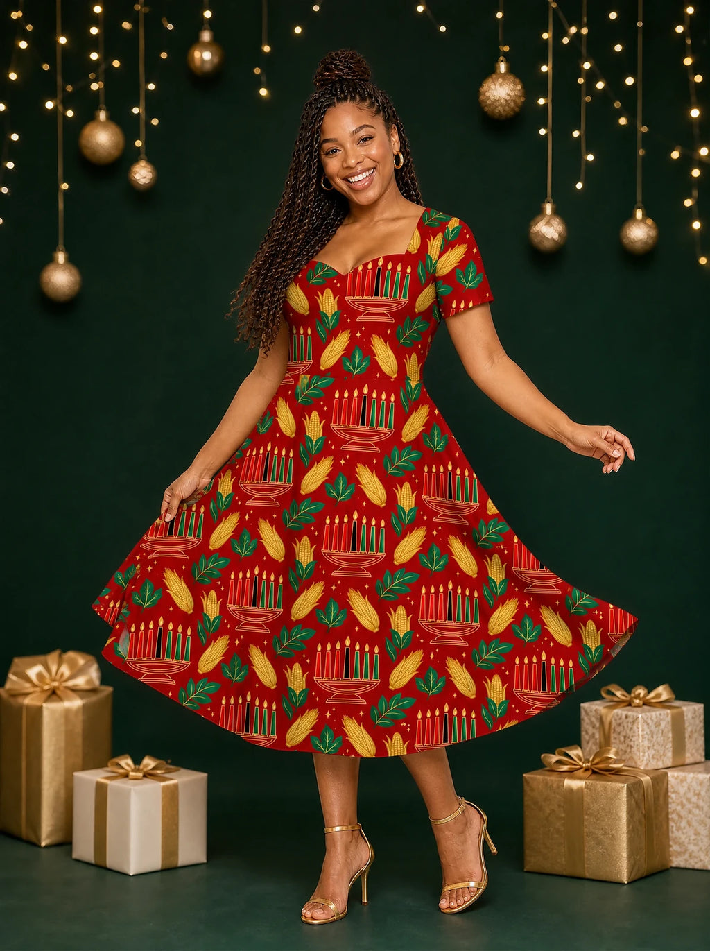 "Umoja" Sweetheart Midi Dress — on model, Christmas backdrop