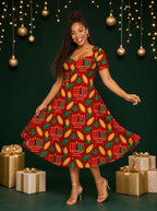"Umoja" Sweetheart Midi Dress — on model, Christmas backdrop