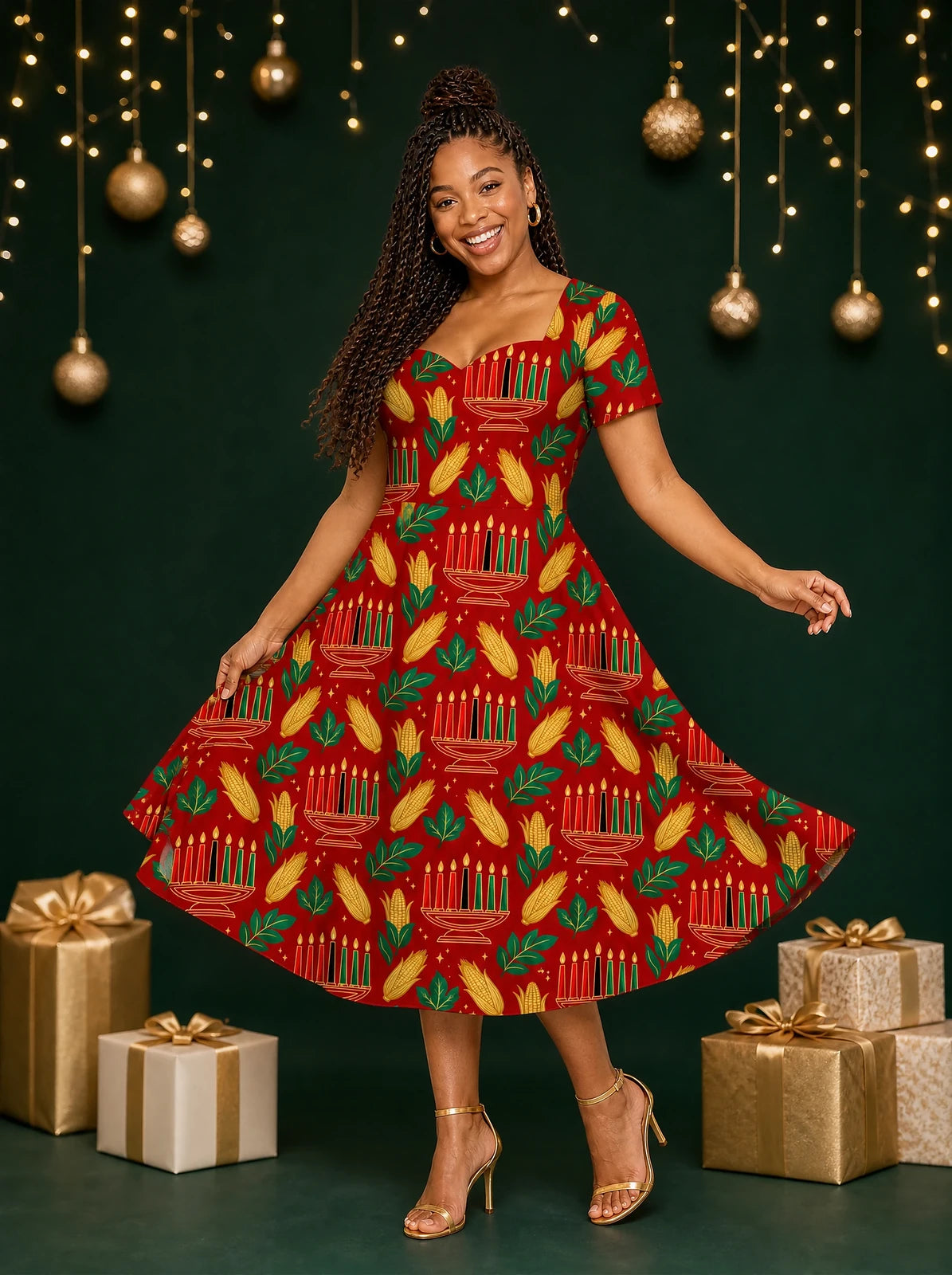 "Umoja" Sweetheart Midi Dress — on model, Christmas backdrop