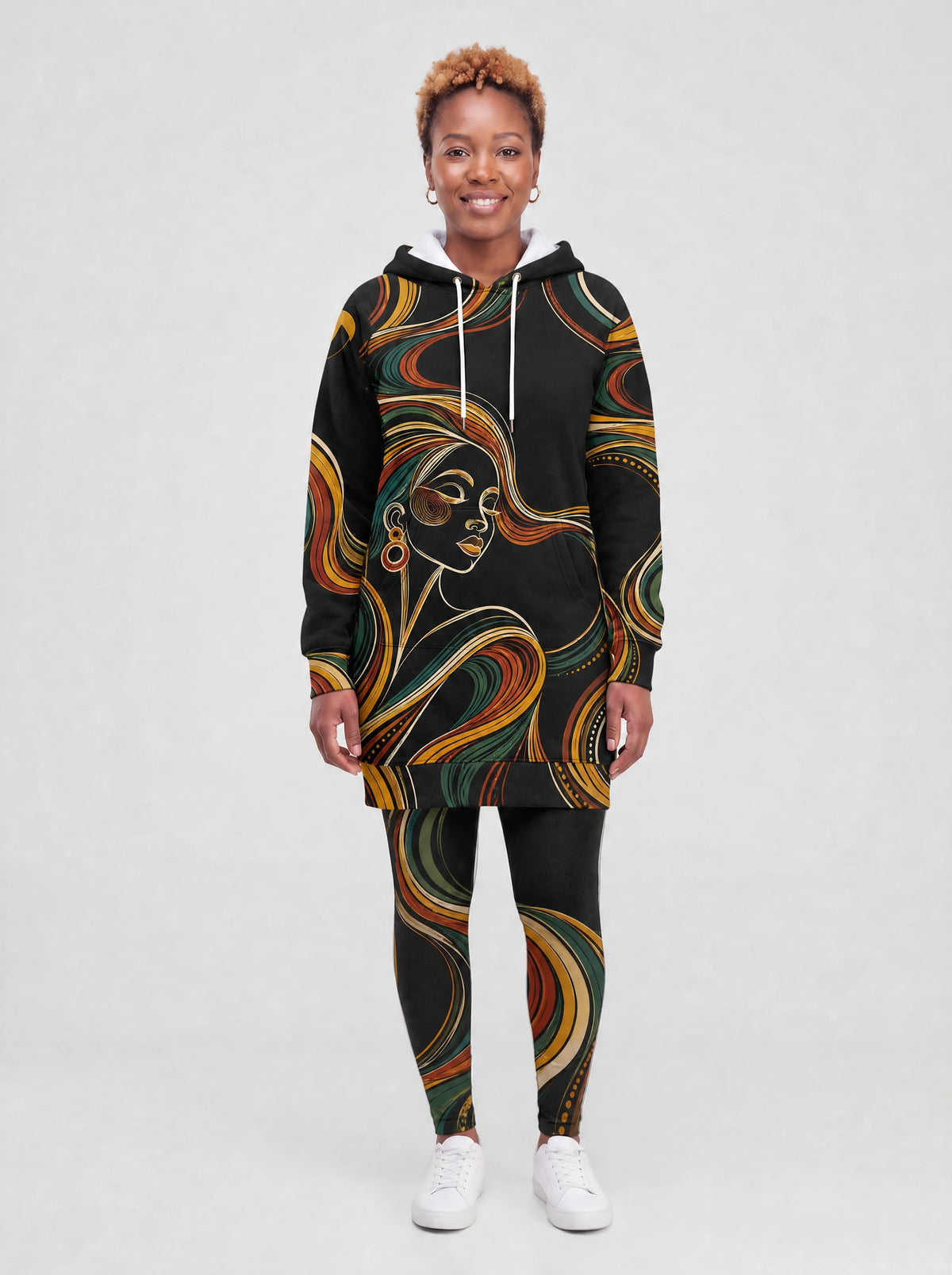 "Upepo" Hoodie Dress — front view on model, styled with the matching leggings