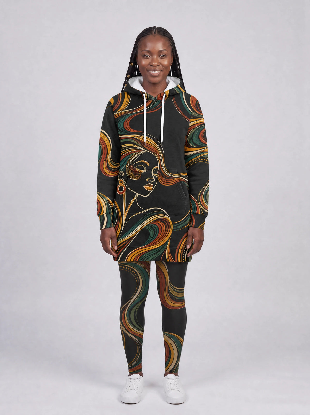 "Upepo" Hoodie Dress — front view on model, styled with the matching leggings