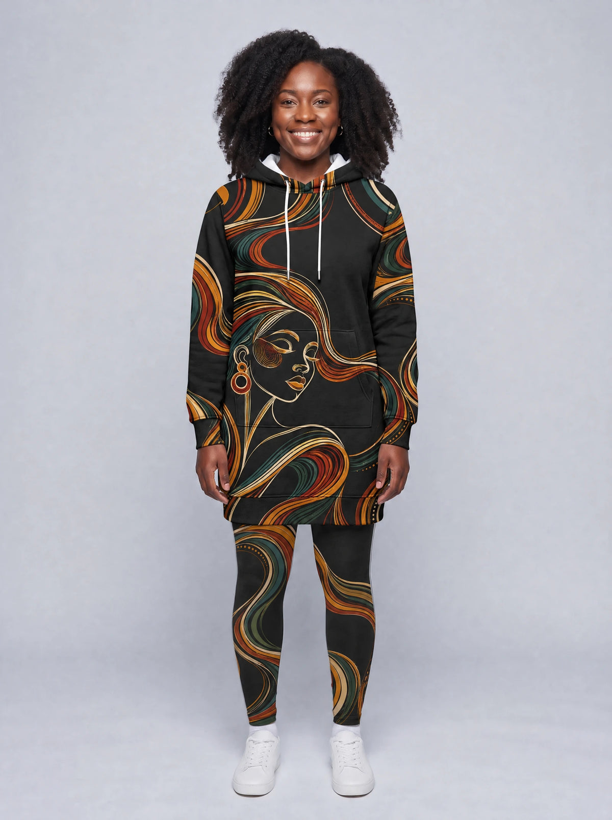 "Upepo" Hoodie Dress — front view on model, styled with the matching leggings