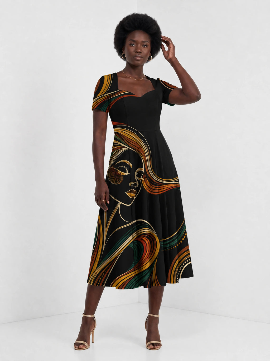 "Upepo" Sweetheart Midi Dress — styled on model