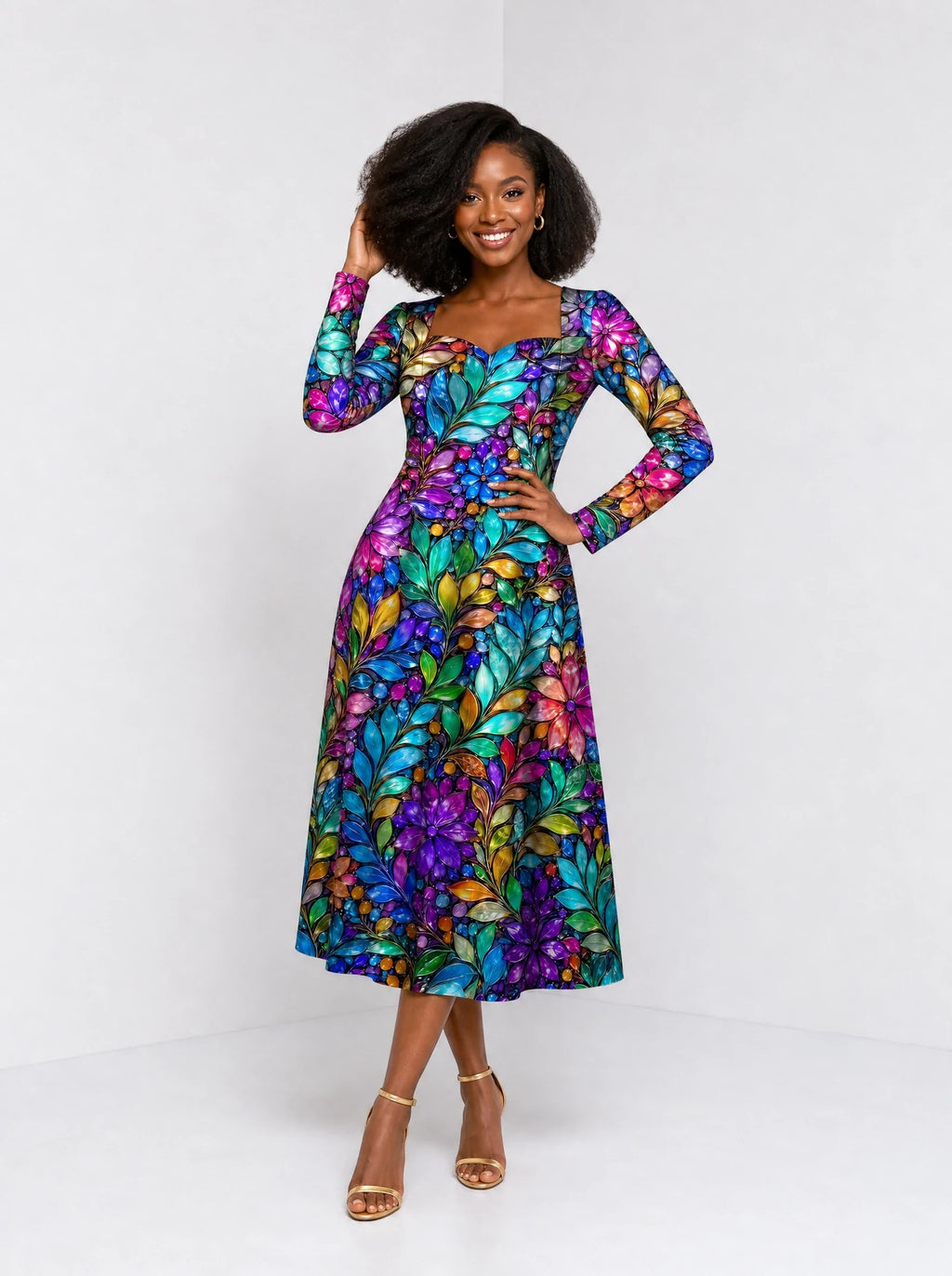 "Upinde" Long Sleeve Sweetheart Midi Dress — front view on model