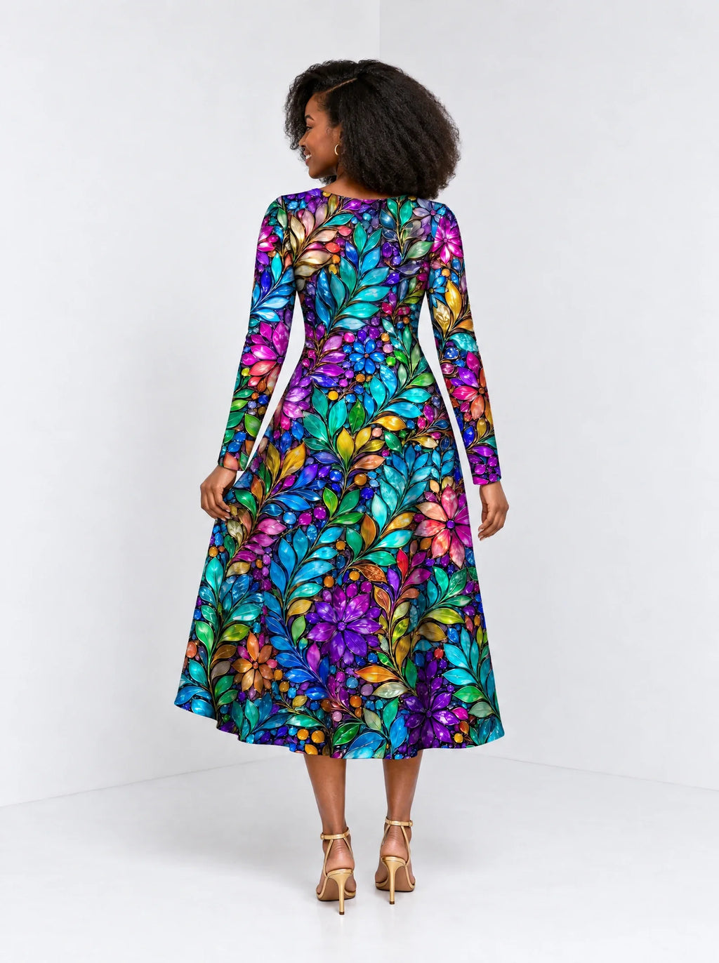 "Upinde" Long Sleeve Sweetheart Midi Dress — back view on model