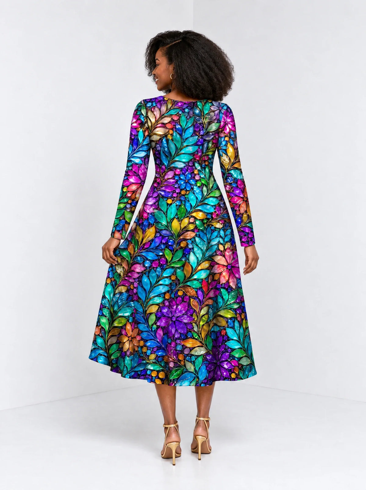 "Upinde" Long Sleeve Sweetheart Midi Dress — back view on model