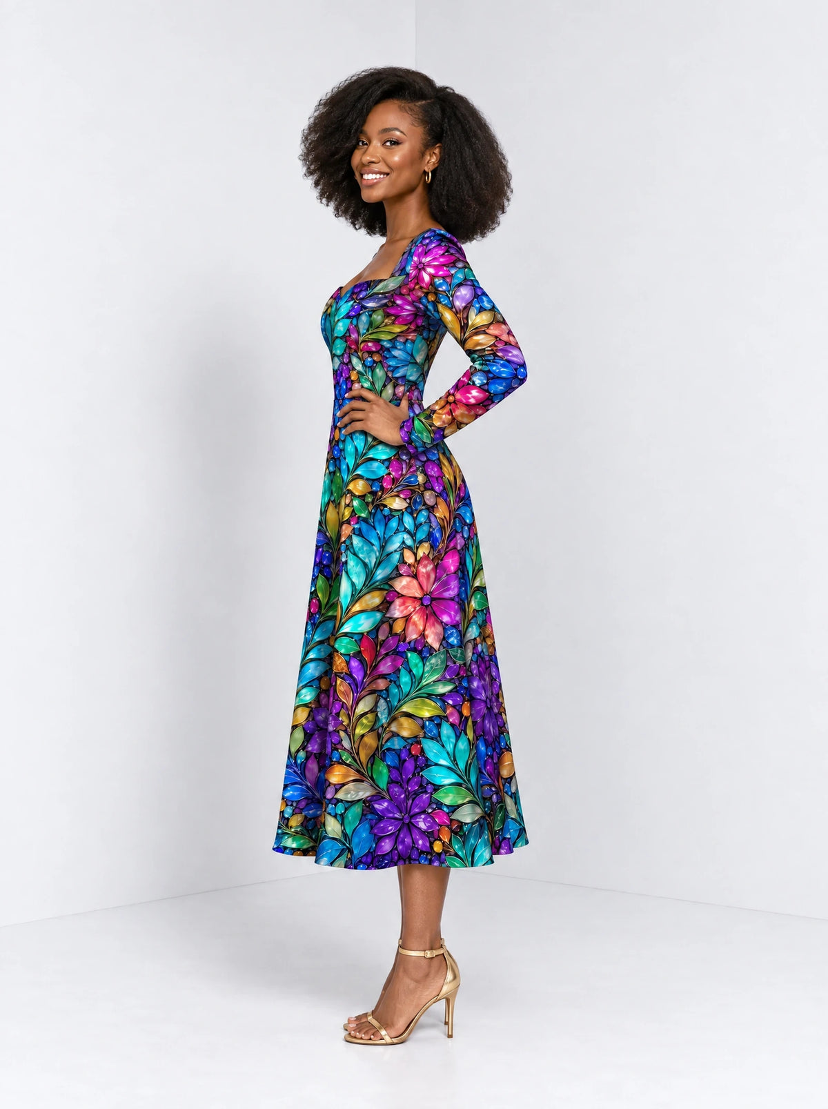 "Upinde" Long Sleeve Sweetheart Midi Dress — side view on model