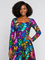 "Upinde" Long Sleeve Sweetheart Midi Dress — print close-up on model