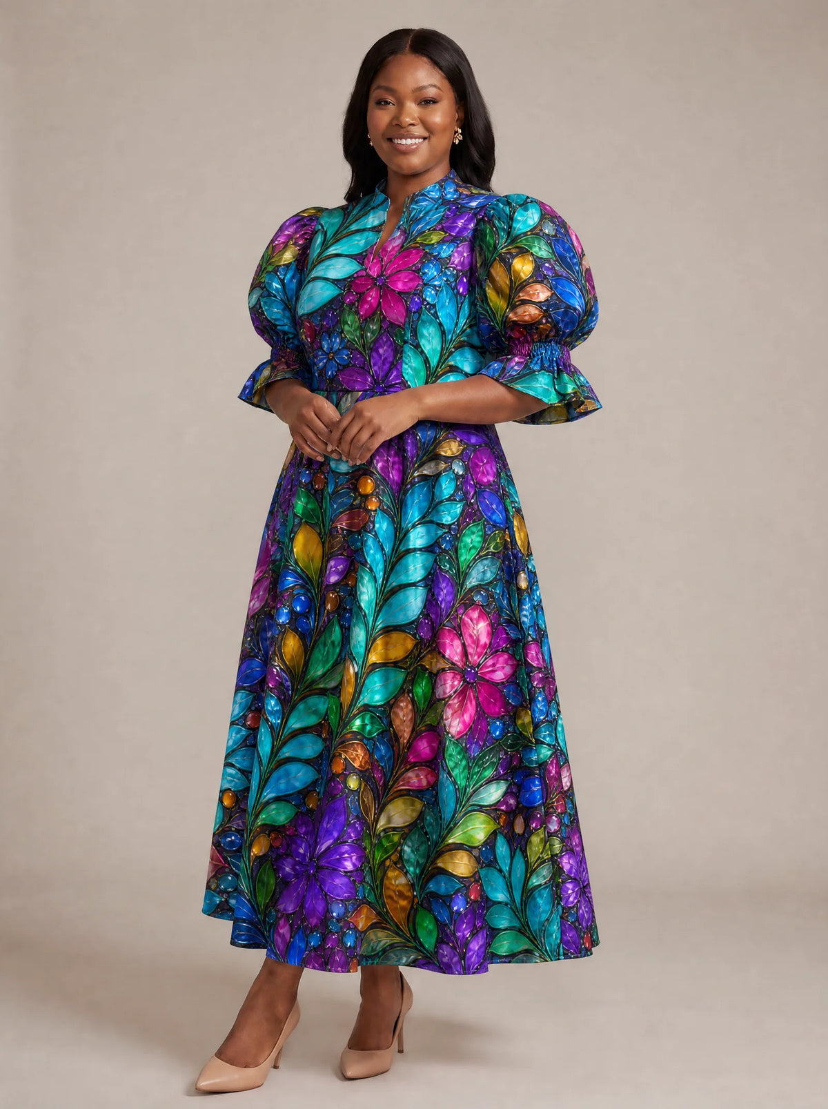 "Upinde" Puff Sleeve Dress — walking, three-quarter view on model