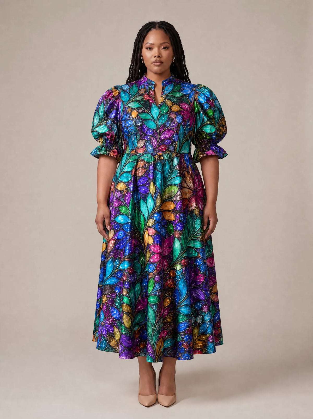 "Upinde" Puff Sleeve Dress — standing, angled view on model