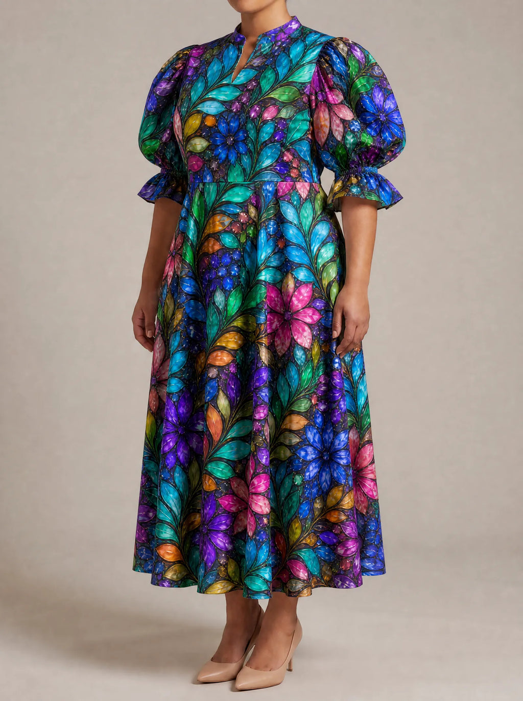 "Upinde" Puff Sleeve Dress — three-quarter view on model