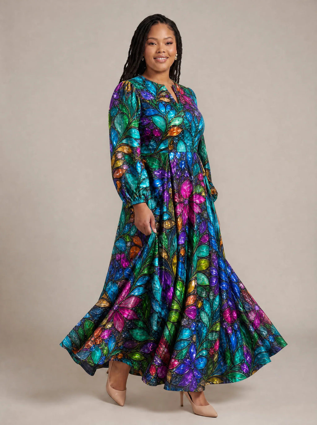 "Upinde" Puff Sleeve Maxi Dress — walking, three-quarter view on model